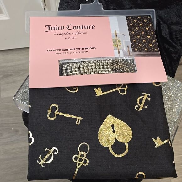 Juicy Couture Home JC Logo Heart Lock & Key Fabric Shower Curtsin w/Hooks - Picture 4 of 4